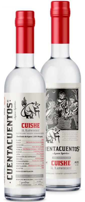 Front and illustrated back labels on Cuentacuentos Cuishe bottles