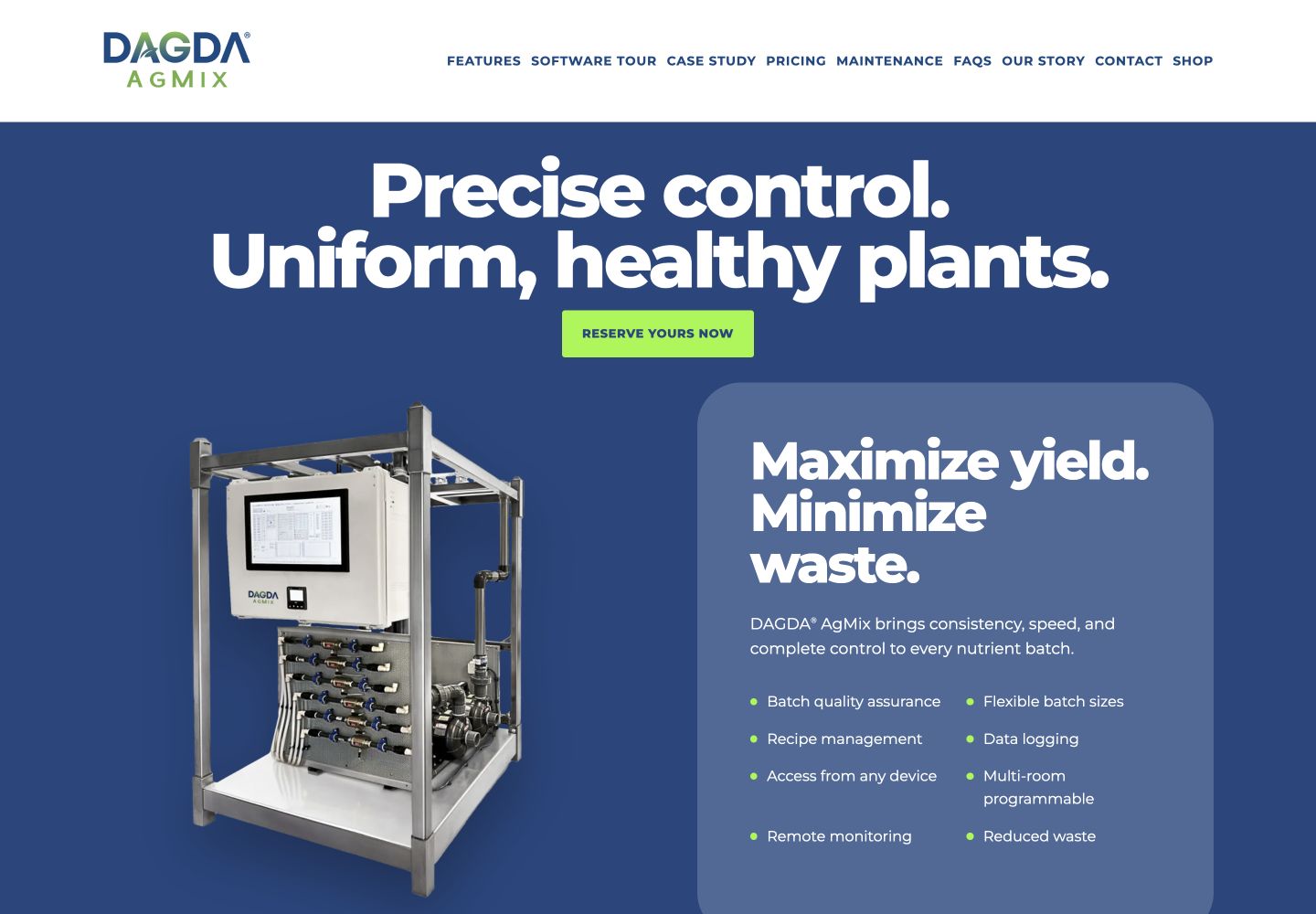 DAGDA AgMix website showing the automated mixing system and product story