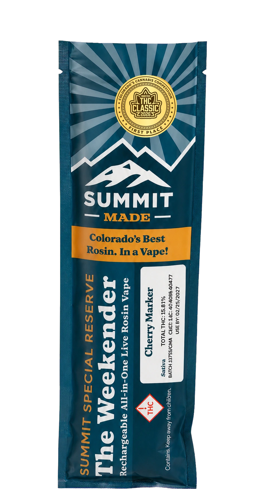 Summit Made Weekender product packaging with teal rays and mountain identity
